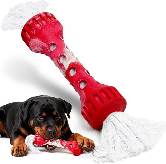 KGPERGU Interactive Tug of War Dog Toy, Durable Teeth Cleaning Chew Toy, Outdoor Fetch and Retrieve Dog Toy, Natural Rubber Bone with Cotton Tassels for Medium and Large Dogs, Cream Scented, Red/White