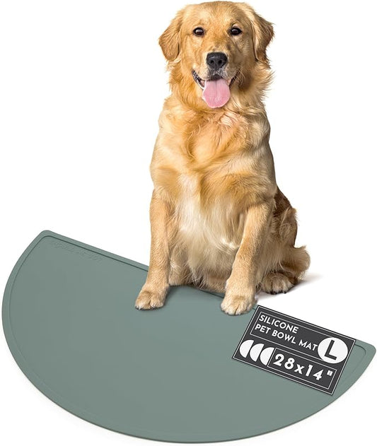 Should We Go? - Waterproof Silicone Pet Food Mat - Non-Slip, Spill-Proof Feeding Mats for Floors, Raised Edge Design, Easy-to-Clean, Rubber Mat for Dog & Cat Bowls, 28" Across x 14" Deep, Large-Spruce
