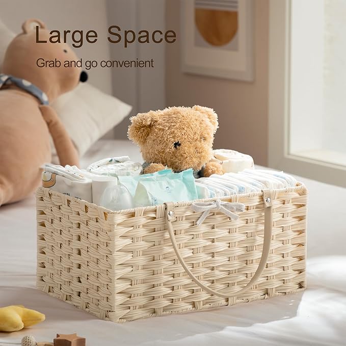 HBlife Large Diaper Caddy Organizer, Washable Waterproof, Portable Plastic Wicker Woven Basket with Divider, Nursery Diaper Station, Baby Shower Gifts Basket & Car Organizer
