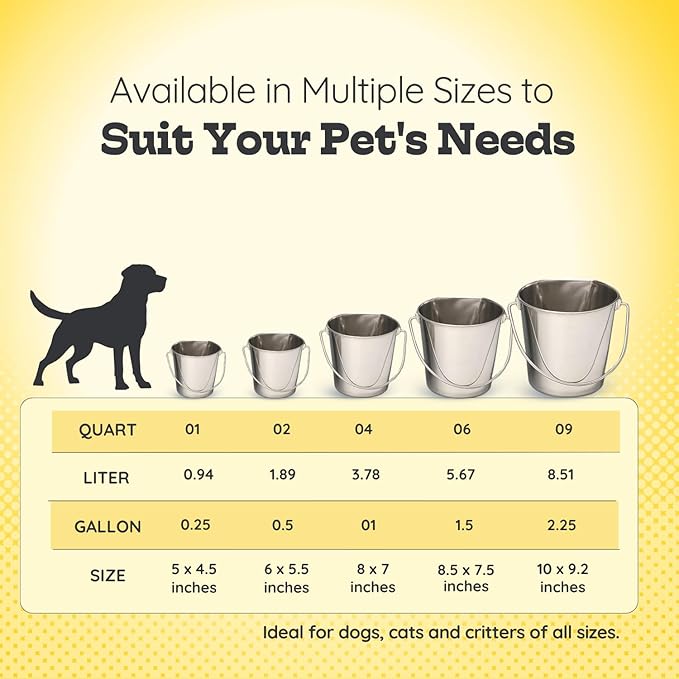 AASPIRE PETS 4 quart Stainless Steel Flat Side Bucket | 1 gal Durable Heavy Duty Food & Water Feeding Pails for Birds Dogs Cats Goat | Fits kennels Cages Critter Crates Hanging Pet Pail | Multipurpose