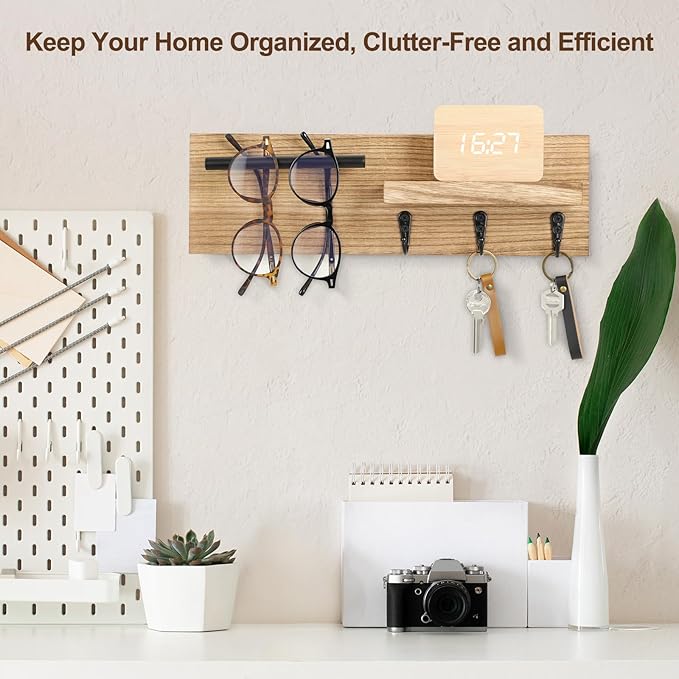 Lucundm Key Holder for Wall, Decorative Entryway Shelf with Hooks Holds Keys, Dog Leash, Sunglasses – Key Hanger with 3 Hooks Organizes, Enhances Home Decor (15” x 4.5” x 2.6”) (Wood)