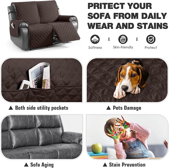 TAOCOCO 100% Waterproof Recliner Couch Covers, Recliner Sofa Covers with Leg Straps, 1-Piece Washable Reclining Sofa Cover with Pocket Couch Protector for Pets Kids(2 Seater, Chocolate)