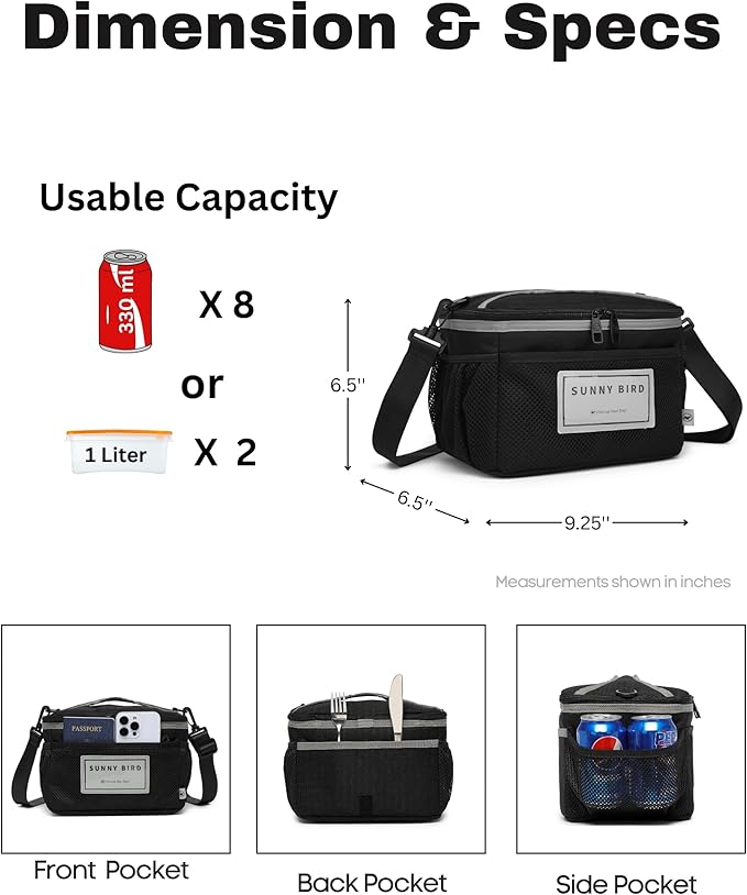 SUNNY BIRD Insulated Lunch Bag with Foldable and Leakproof Design, Thermally Insulated, Shoulder Strap for Women, Men and Teen (Black 002)