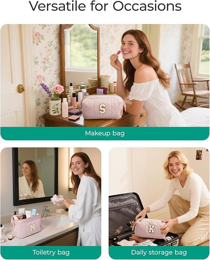 BAGSMART Birthday Gifts Personalized Initial Makeup Bag, Trendy Stuff Gifts for Women Bridesmaid Graduation, Puffy Padded Make Up Bags for Women, Wide-open Toiletry Bag, Pink M
