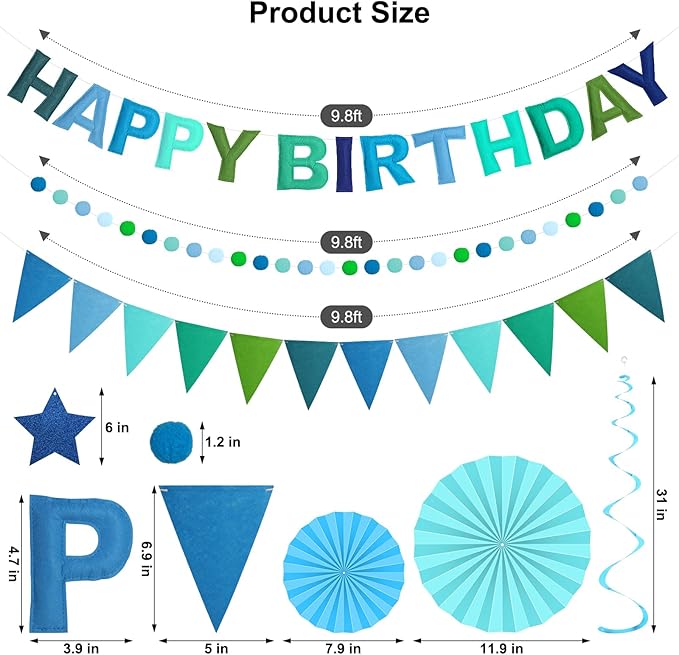 Pre-Strung 3D Felt Happy Birthday Banner, Reusable Blue Birthday Party Decorations for Men, Happy Birthday Sign with Felt Ball Garland, Pennant Flag, Hanging Paper Fans, Star Swirl Streamers