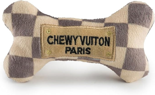 Haute Diggity Dog Checker Chewy Vuiton Bone, Plush Designer Dog Toys with Interactive Squeaker, Stimulating Pet Enrichment, Machine-Washable & Safe Materials for All Breeds, Size Small