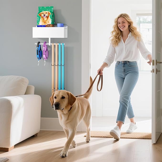 Dog Leash Holder for Wall, Dog Leash Hooks, Pet Stuff Organizer with Shelf Storage, Metal Key Holder, Leash Hangers Organizer Rack for Pet Collar, Toys, Treats, Poop Bag (White)