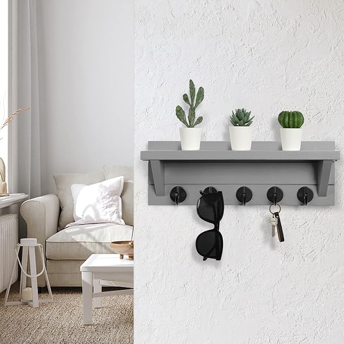 Wall Key Holder with Shelf, Rustic Shelf with Hooks Made of Paulownia Wood Holds Keys, Dog Leash, Bags and More - 13.7" W x 4.7" H x 3.5" D Decorative Key Hanger and Entryway Shelf (Gray)