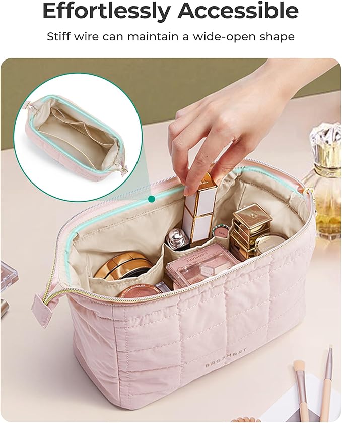 BAGSMART Makeup Bag Travel Cosmetic Bag, Puffy Padded Make Up Bags for Women Makeup Organizer Case, Wide-open Pouch Purse Travel Essentials Toiletries Accessories Brushes, Grayish Purple