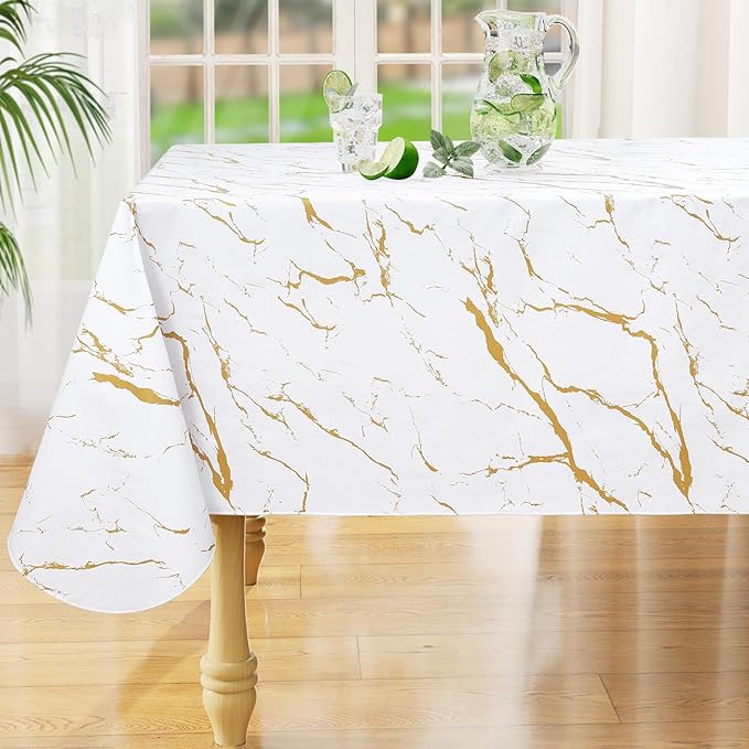 misaya Rectangle Waterproof Vinyl Table Cloth, Wipeable Tablecloth with Flannel Backing, Plastic Table Cover for Dinner, Picnic, Indoor and Outdoor (White Gold Marble, 54" x 78")