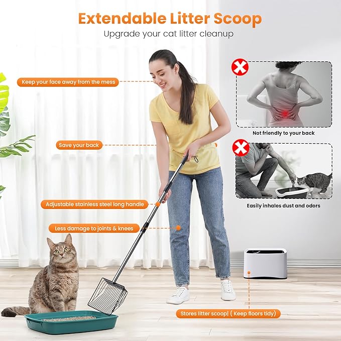 Cat Litter Scoop with Holder 43" Metal Litter Scooper with Stainless Steel Long Handle, Large Kitty Box Scooper Heavy Duty Deep Shovel for Fast Sifting, Dog Waste Scooops for Outside Pet Poop