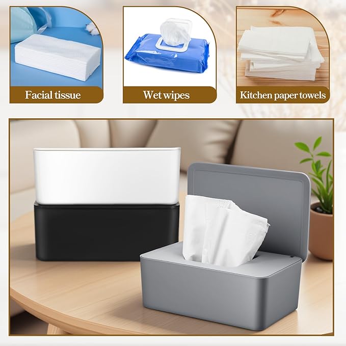 COMNICO Baby Wipes Dispenser 3 Pack Wipe Holder for Baby & Adult Refillable Baby Wipes Cases with Lid Toilet Container for Bathroom Home Office Cars