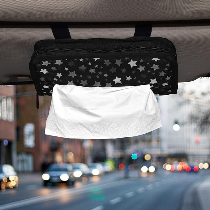 Car Tissue Holder Car Napkin Holder Car Tissue Box Dispenser Storage Case Sun Visor Mask Holder with Adjustable Straps Reusable Refillable Cute Silver and Gray Stars