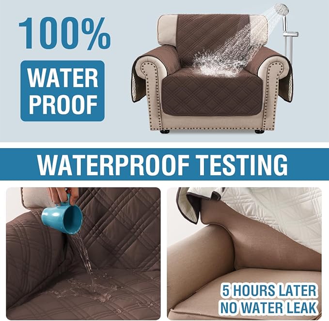 H.VERSAILTEX 100% Waterproof Chair Slipcovers Modern Oversized Chair Cover Slip Covers for Armchairs with Elastic Straps (Chair, Brown/Beige)