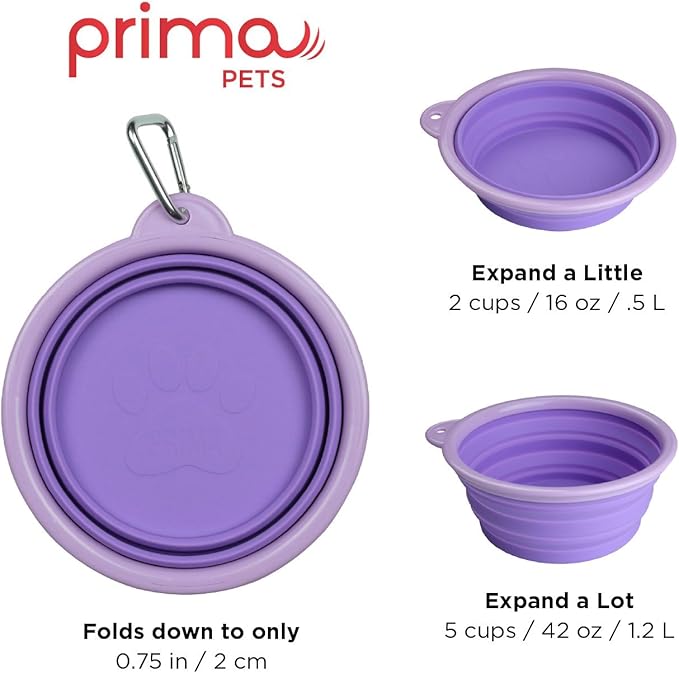 Prima Pet Collapsible Silicone Water Travel Bowl with Clip for Dog and Cat, Portable and Durable Pop-up Feeder for Convenient On-The-go Feeding – Size: Large (5 Cups) Purple