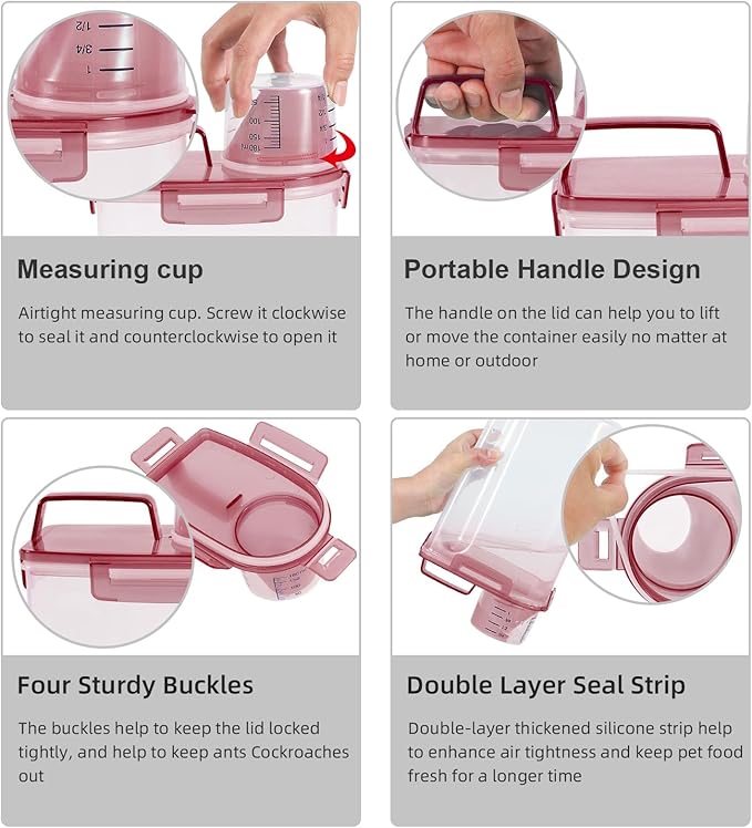 LEAWALK 3-5Lbs Small Cat Dog Food Storage Containers BPA Free, Airtight Pet Food Storage Containers with Large Pour Spout/1 Measuring Cup/ 4 Safety Locks and double-layer silicone strip (Clear PInk&1)