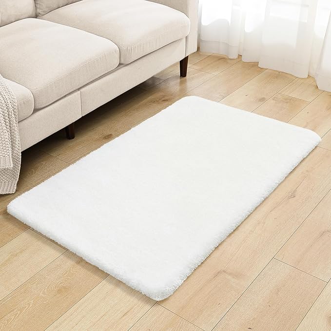 White Bathroom Rugs 30"x50" - Large Bath Mat for Bathroom Floor, Fluffy Microfiber Plush Rug, Non Slip and Washable - Great for Living Room, Bedroom or Kitchen Mat