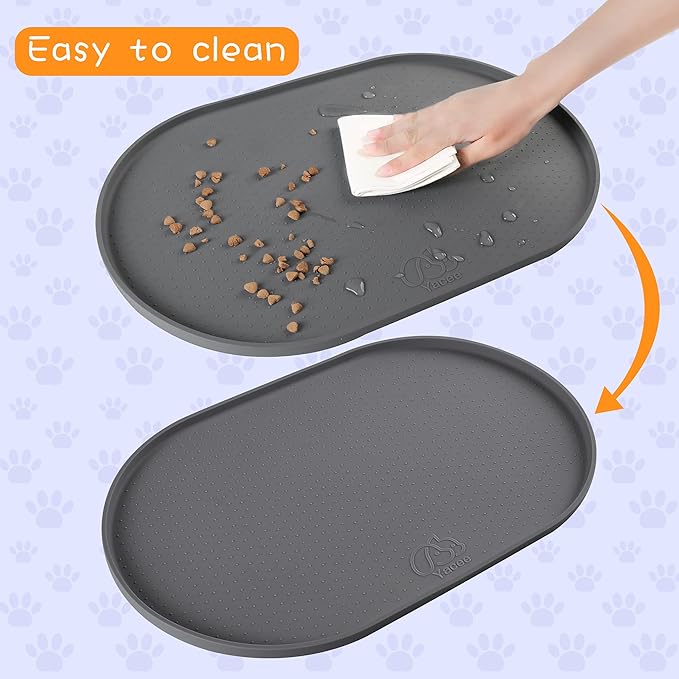 100% Waterproof 0.5" Raised Edge BPA Free Silicone Dog Food Mat, Pet Cat Feeding Mats Contain Spills Protects Floors, Placemats for Cats and Dogs Water Bowl Dishwasher. (Large/XL, Gray)