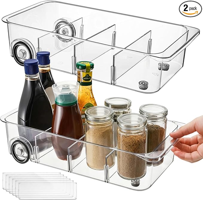 2 Pack Refrigerator Organizer Bin with Wheels, Roll Out Pantry Storage with Dividers, Clear Plastic Refrigerator Drawer, Upgrade Thick Fridge Caddy for Under Sink, Kitchen Organization