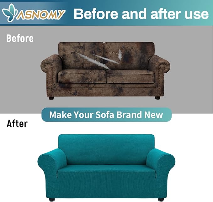 Asnomy Sofa Covers for 2 Cushion Couch Stretch loveseat Covers Slipcovers, Pet Protector Furniture Covers for Dogs Cats Spandex Jacquard Fabric Small Checks （Medium，Peacock Blue）