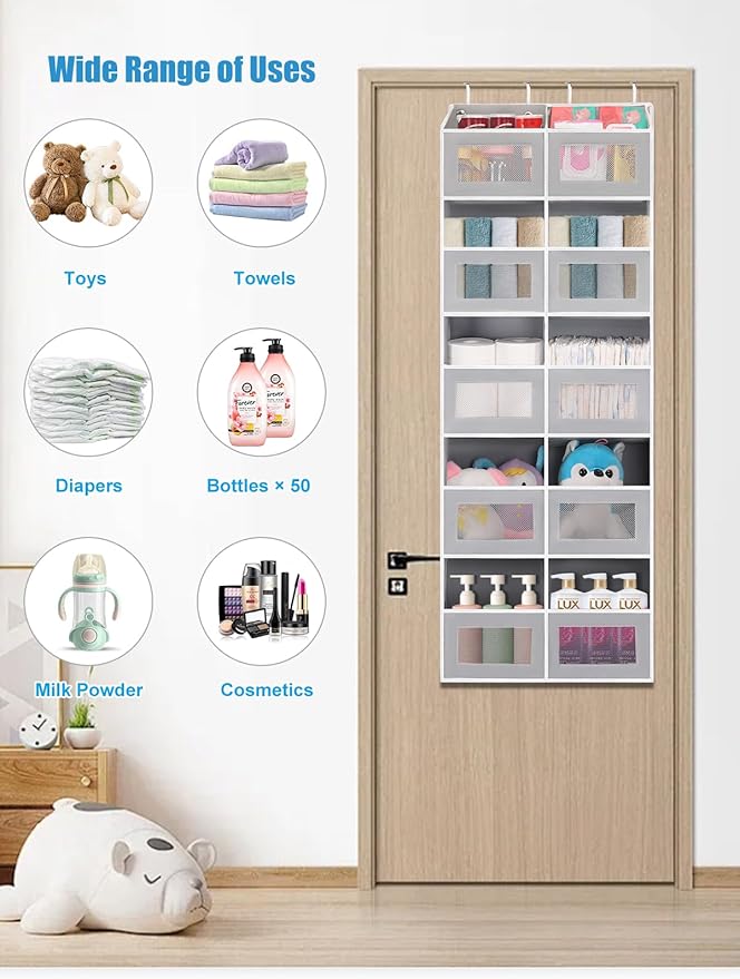 Over the Door Organizer Hanging- 10 Compartments, 80 lbs Load Behind Door Stuffed Animal Storage, Extra Large Toys Storage Organization for Bedroom, Bathroom, Nursery, Shoes, Diaper (grey)