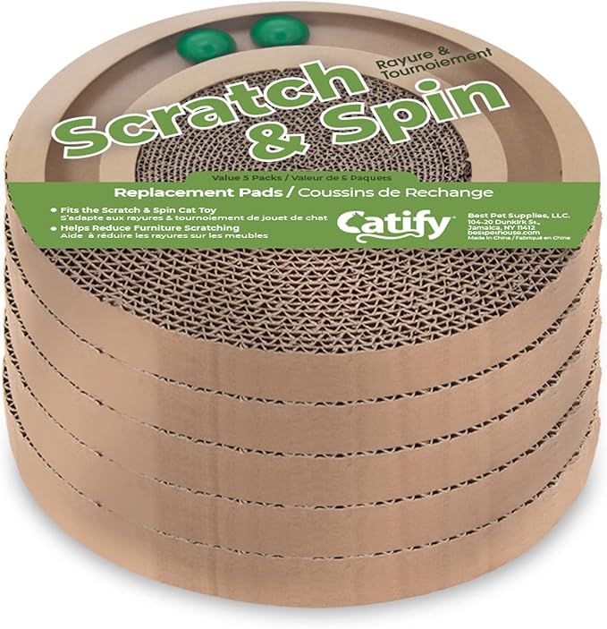 Catify Cat Scratcher Replacement Pads 5 Pack – Double-Sided Corrugated Cardboard Scratch Pad for Cats Round Cat Scratching Refill for Catify Spin n’ Scratch & Compatible Cat Scratchers for Indoor Cats