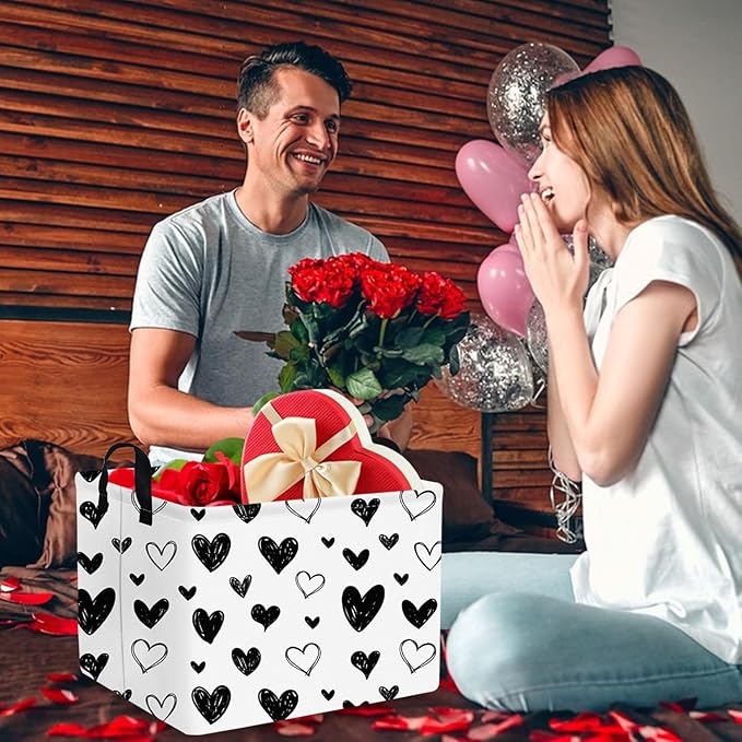FXOCSHE Heart-Shaped Collapsible Waterproof Laundry Basket, Black Hearts