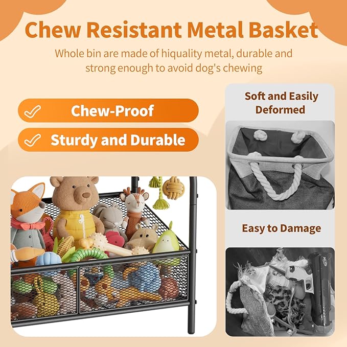 Lomivra Full Metal Dog Toy Basket, 23.6"x11.2"x7.9" Large Dogs Toy Bin with Storage Organizer, Chew-Resistant Toy Box for Dog Stuff Accessories, Pet Toy Storage Holder for Cat Dogs Essential Supplies