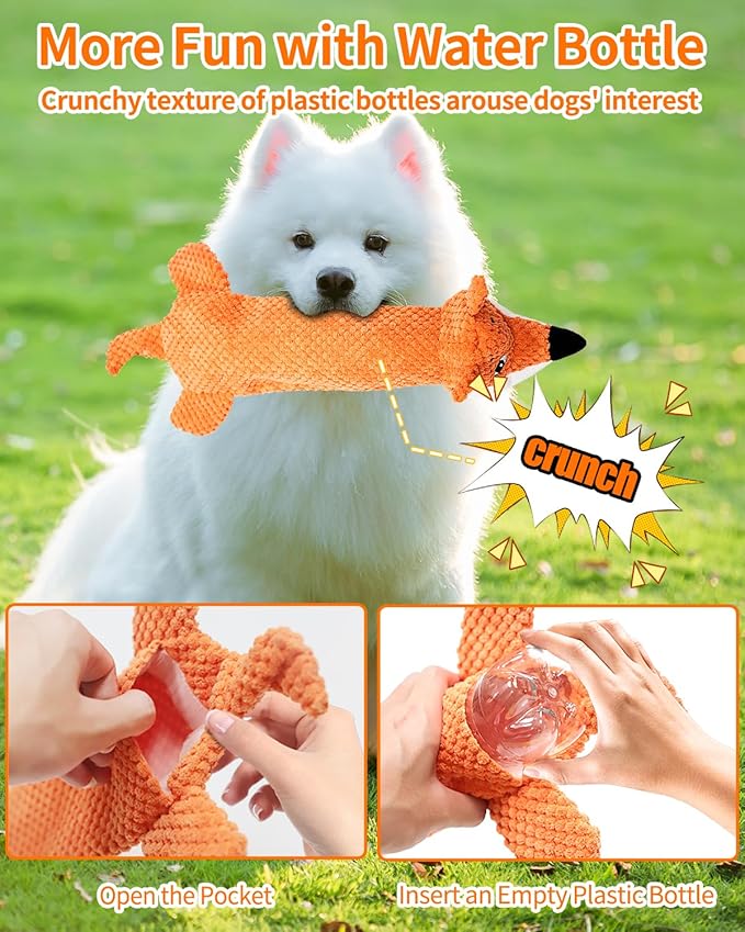 KrauzPet Dog Toys, Squeaky Plush No Stuffing Crinkle Dog Toy for Small Medium Large Dogs, Interactive Puppy Teething Water Bottle Dog Chew Toy