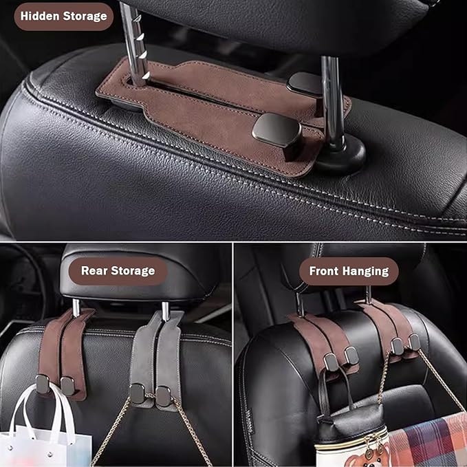 2 Pack Car Seat Back Storage Hook, Headrest Hooks for Car with Metal Hooks, Premium Suede Leather Car Headrest Hooks Universal Car Seat Hooks for Purses, Bags & Groceries(Black)