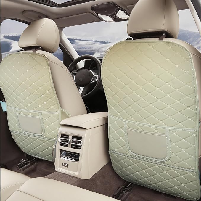 Leatherette Car Seat Protector - 2 Pack Large Car Kick Mats with Storage Pockets Organizer Seat Back Cover Against Dirty Shoes & Scratches, Universal Fit for Most Vehicles, Beige