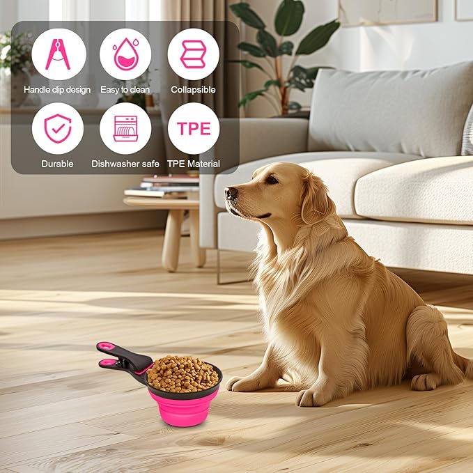 PNEUICALLY Collapsible Silicone Dog Food Scoop Foldable Pet Food Measuring Cup with Bag Clip 3 in 1 Multi-Function Silicone Dog Food Scooper (Rose Red, Large)
