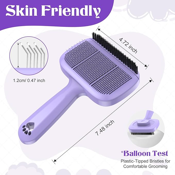 Self Cleaning Dog Brush for Shedding - Bristle Brush and Long/Short Needles Design, Skin Friendly, Slicker Deshedding Dog Brush, Hair Removal for Long & Short Haired Pets (Purple)