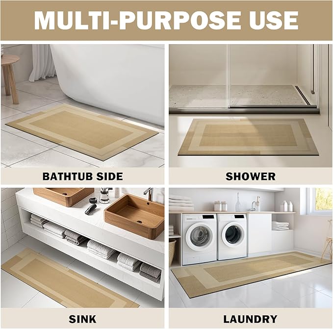 Non Slip Bath Mat, Rubber Backing Ultra Thin Bathroom Rugs Fit Under Door Quick Dry Super Absorbent Washable Bath Rug Shower Mat for Bathroom Floor Bathtub Shower Sink, Easy Care Brown 16"x 24"
