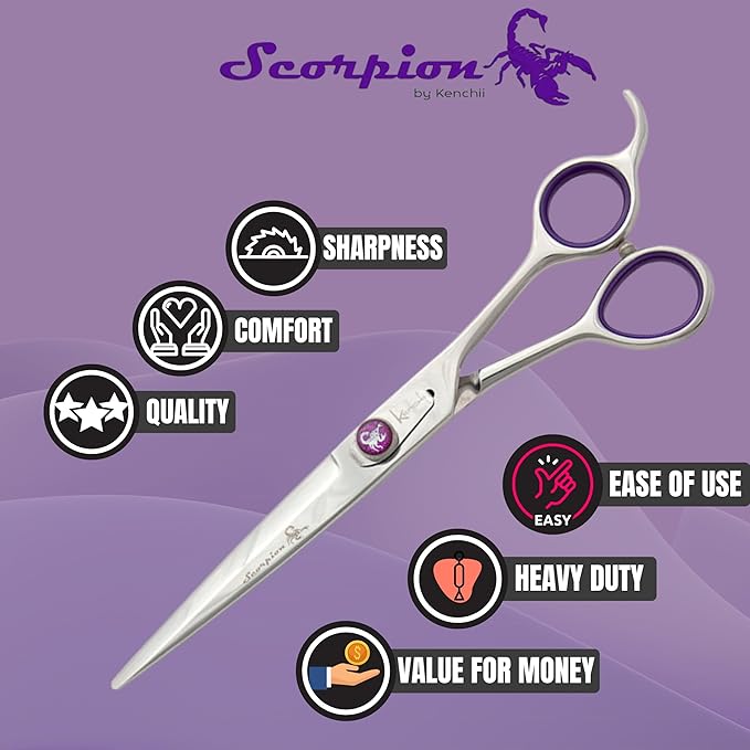 Kenchii Scorpion 7 Inch, Straight Grooming Scissors for Dogs and Pets - Premium Steel Scissors for Dog Grooming - Dog Shears Pet Grooming Accessories - Pet Hair Trimming Scissor