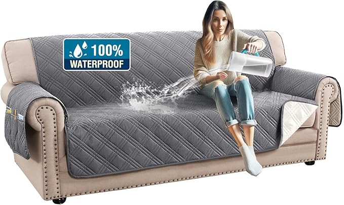H.VERSAILTEX 100% Waterproof Couch Covers for 3 Cushion Couch Sofa Modern Sofa Slipcovers with Elastic Straps Thick Soft Furniture Protector Pet Friendly(Sofa, Grey/Beige)