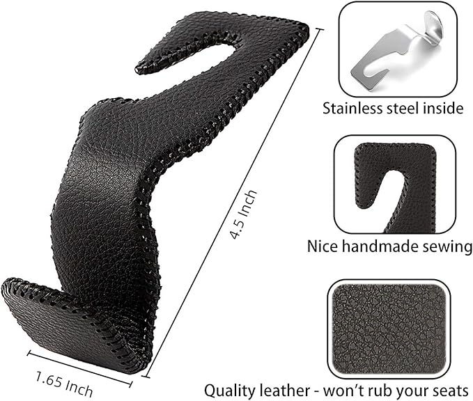Headrest Hooks for Car, Back Seat Organizer Gray Leather Hanger Holder Hook, for Hanging Purses and Bags and Coats, Pack of 2