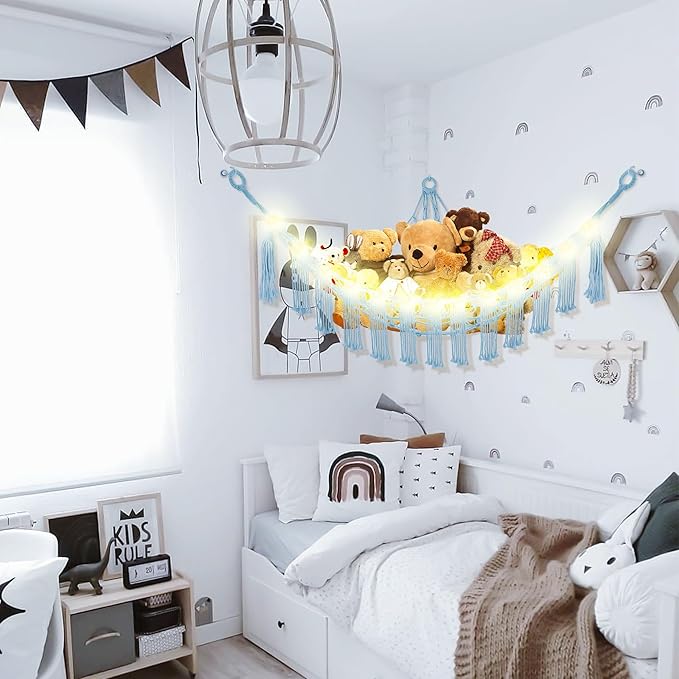 CERETIA Stuffed Animal Hammock with LED Light, Large Stuffed Animals Storage Corner Plushie Net for Kids Room Decor, Jumbo Baby Blue