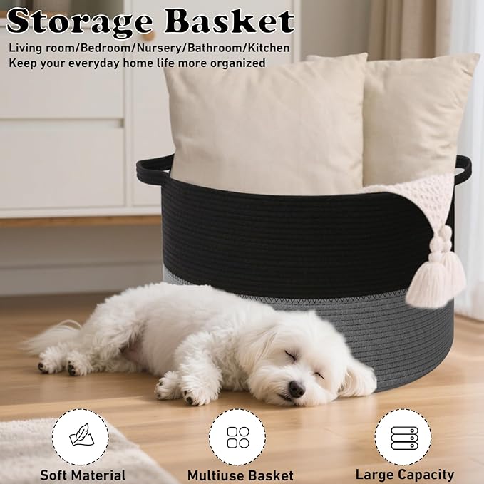 65L Large Woven Cotton Rope Blanket Basket with Handles, Laundry Hamper Storage Bin for Pillows, Comforters,Clothes, Toys, Nursery, Bedroom and Living Room Organization,Black&Dark Grey