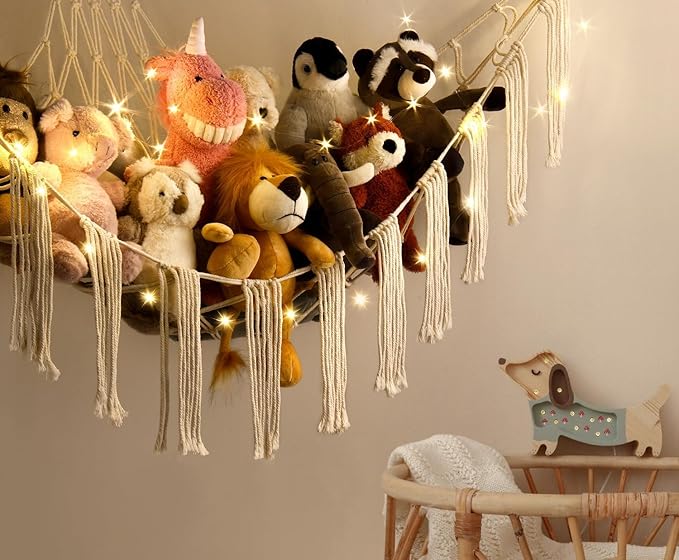 RelaxScene Stuffed Animal Hammock Corner Storage with LED Light - Plush Hammock Large Plushie Net - Stuffed Animal Holder Hanging Organizer - Teddy Bear Hammocks Room Decorations