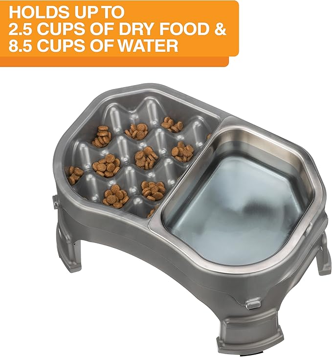 Neater Pet Brands – Neater Raised Slow Feeder Dog Bowl – Elevated and Adjustable Food Height - (Double Diner/w Metal Bowl, Gunmetal)