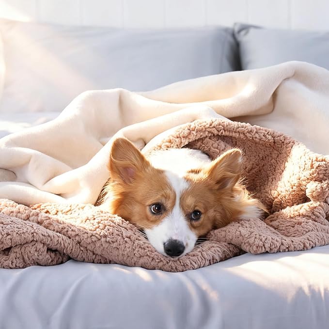 Makigued Waterproof Dog Blanket for Couch & Bed, Reversible Sherpa Fleece Pet Throw with Quiet TPU Barrier, Machine Washable Furniture Protector for Large Dogs & Cats, Throw Size 50x60 Inch, Cream