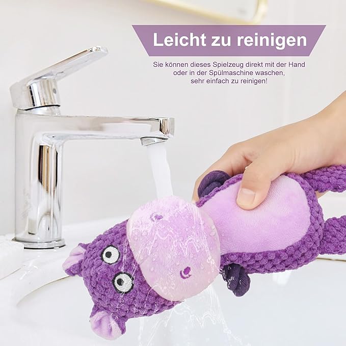 TONYFY Dog Toys, Dog Squeaker Toys with Crinkle Paper, Stuffed Animal Dog Plush Chewing Toy, Cotton Rope Interactive Toys for Puppy, Small, Middle Dogs (Purple Hippo)