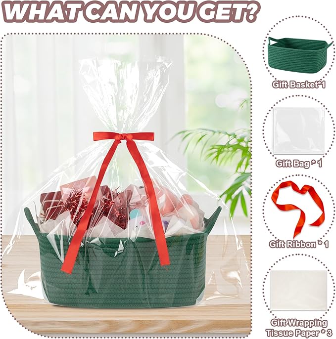 OIASKET Basket for Gifts Empty, Woven Storage Basket with Gift Bag, Ribbon and Wrap Tissue Paper, Small Rope Toy Storage with Handles for Christmas, Baby Shower, Dog Toy Organizer, 13.6" x 10" x 5.9”