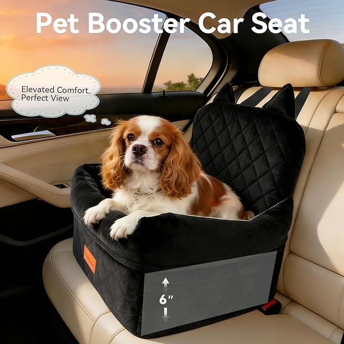 CABZOON Dog Car Seat for Small/Medium Dogs Up to 35lbs,Elevated Cushion Fits in Front/Back Seat,Travel Safety Per Car Bed with Washable Removable Cover, Storage 2 Pockets Black