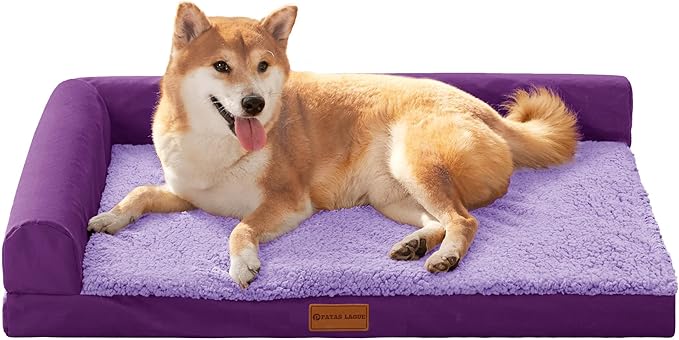 Patas Lague Orthopedic Dog Bed Large Sized Dog 36''X24'', Waterproof L Bolster Medium Pet Sofa Beds with Removable Washable Cover, Soft Pet Couch Crate Mat with Nonskid Bottom, Purple