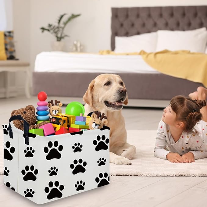 FXOCSHE Rectangular Dog Basket,Nursery Hamper,Collapsible canvas kids toy storage box,Kids room storage basket,Pet decor(Dog paw)