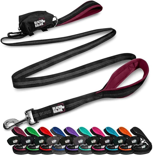 Black Rhino Heavy Duty Dog Leash for Medium and Large Dogs - 6 ft Long Double Handle Leash with Padded Traffic Control Handles and Bag - Reflective, Durable, and Weather Resistant (Burgundy)