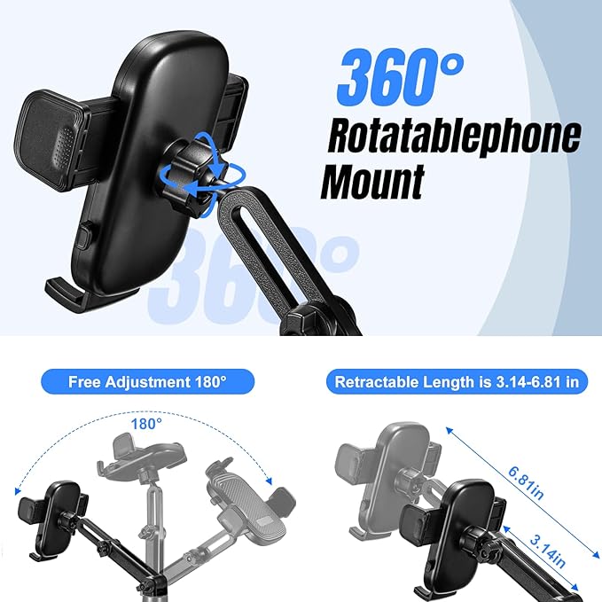 This Hill 2-in-1 Car Cup Phone Holder Expander with Adjustable Base, 360 Rotation, Compatible with iPhone, Samsung & All Smartphones up to 7" (Black)