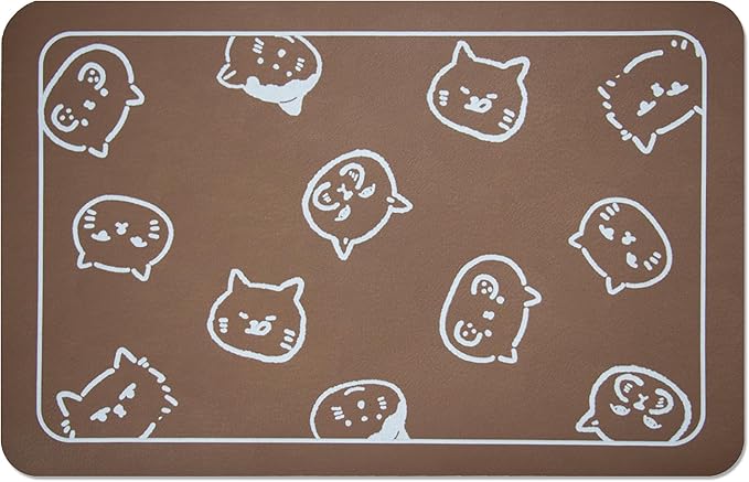 YCT Cat Food and Water Mat for Pets - Non Slip Super Absorbent Dog Bowl Mat, with Multiple Cat Heads Logo - 24 x 16.9 Inches, Brown